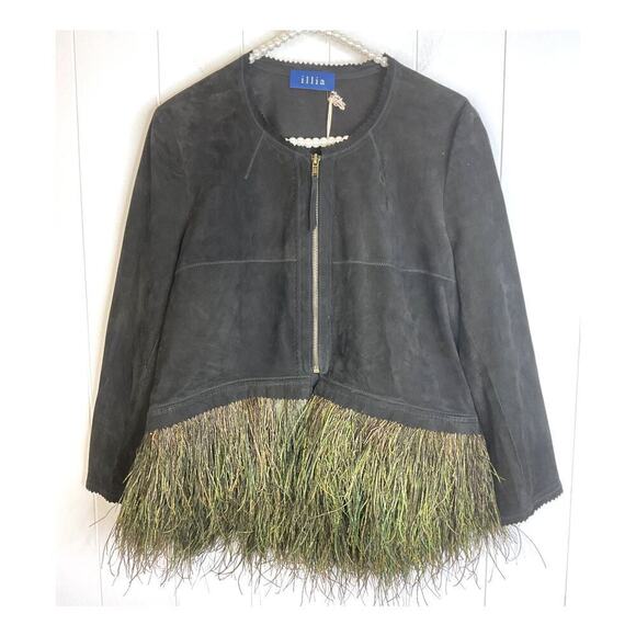 Illia Black Suede Jacket with Ostrich Feather Hem Size 6 NWT - Picture 1 of 8